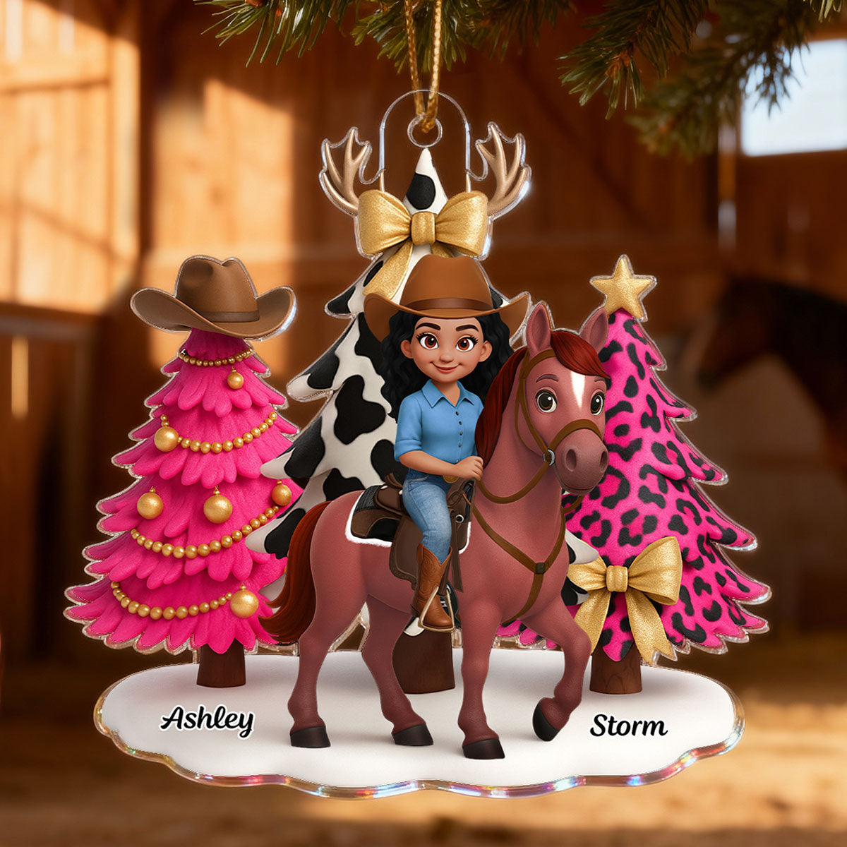 3D Effect Western Pink Christmas Tree Cowgirl And Horse - Personalized Acrylic Ornament