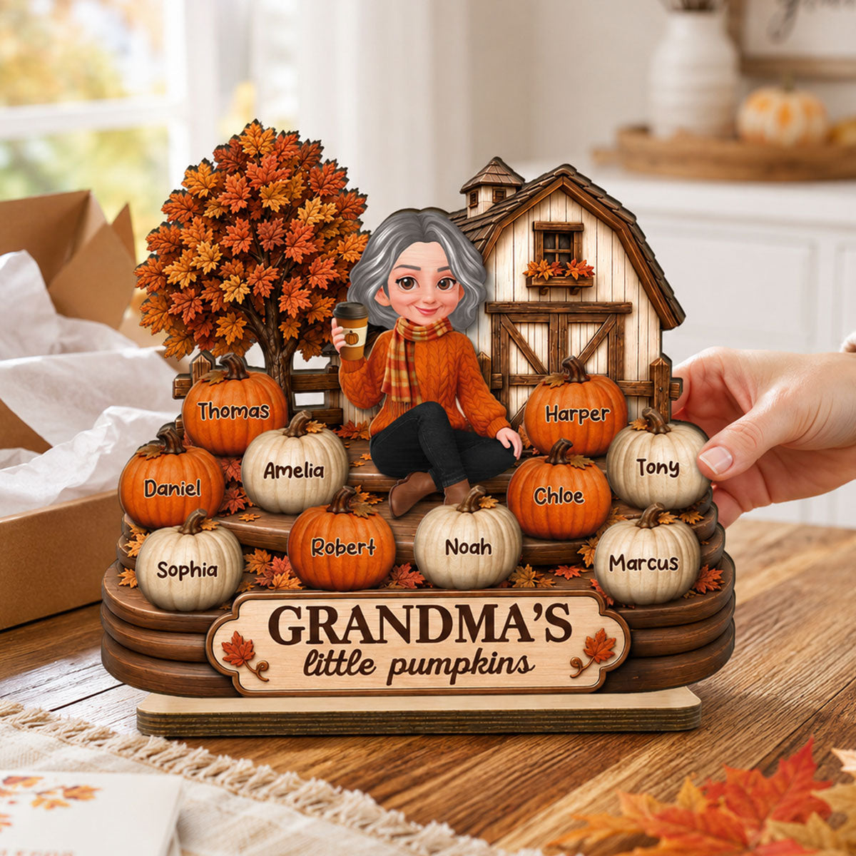 Fall Season Cozy Warm Farmhouse Style Grandma's Little Pumpkins - Personalized 2-Layered Wooden Plaque - Fall Decor For Grandma