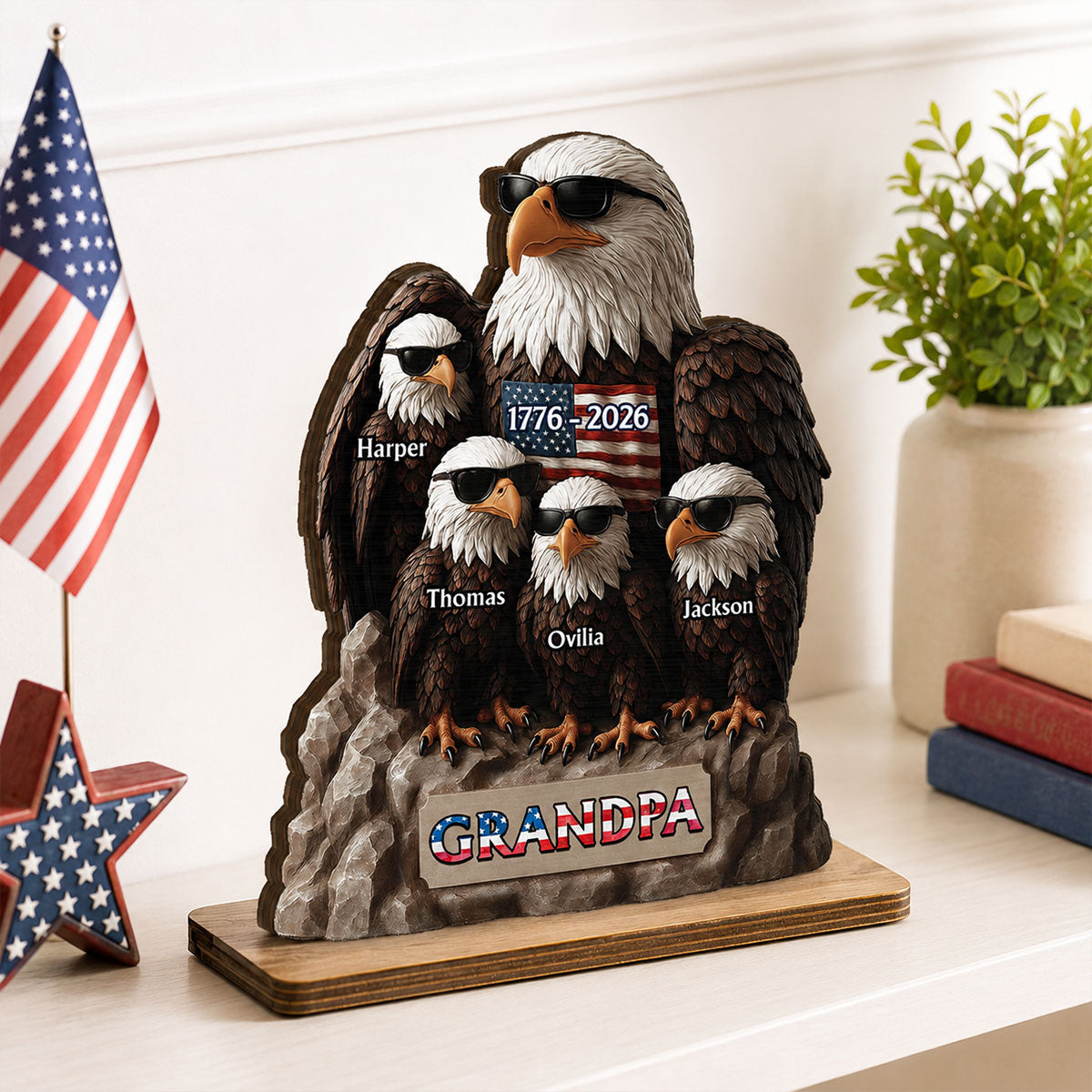 America 250th Anniversary Patriotic Eagle Grandpa Dad & Kids - Personalized 2-Layered Wooden Plaque -  Gift, 250th Anniversary Gift, Keepsake For Grandpa, Dad