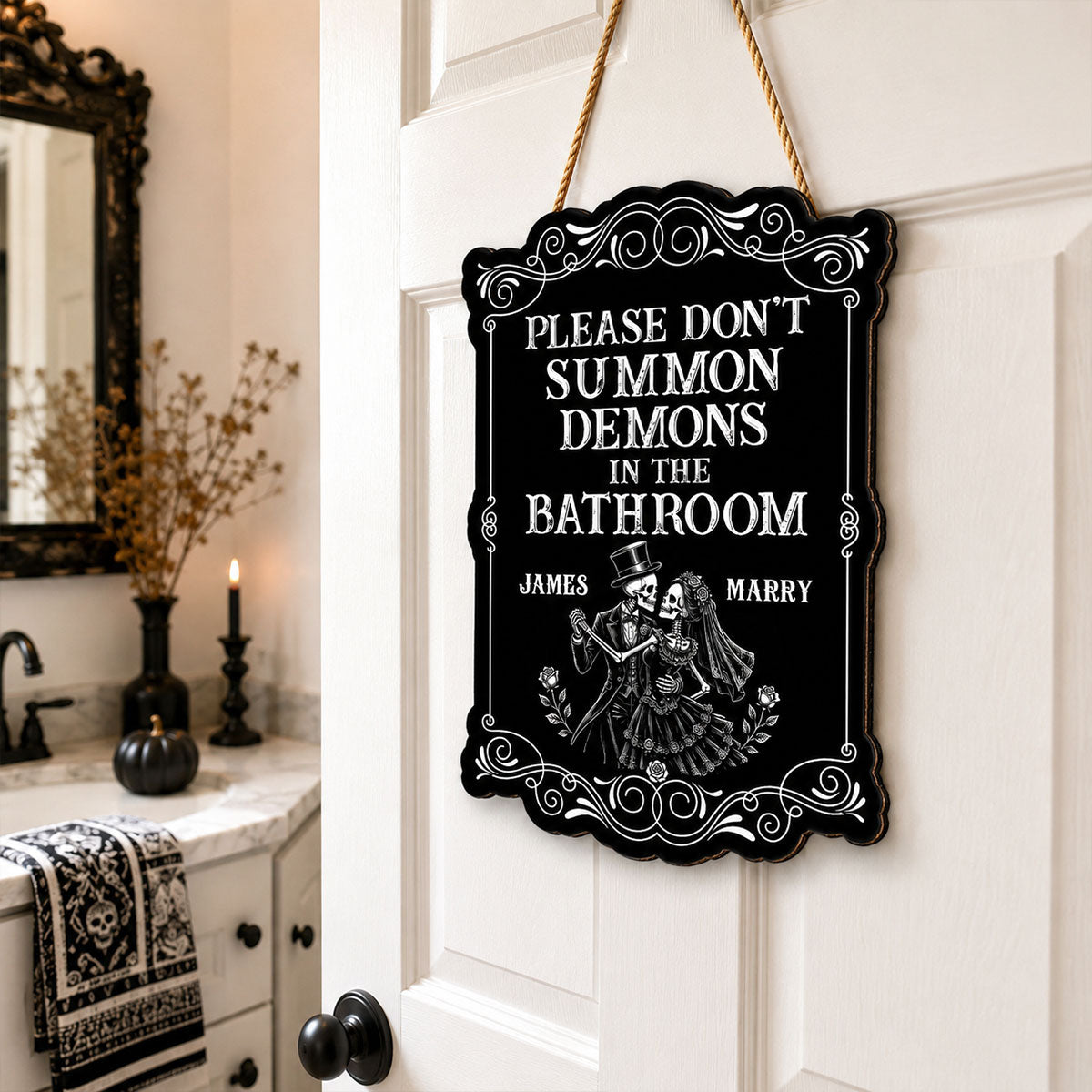 Gothic Couple Please Don't Summon Demons - Personalized Wood Sign - Funny Halloween Gothic Bathroom Decor For Couple
