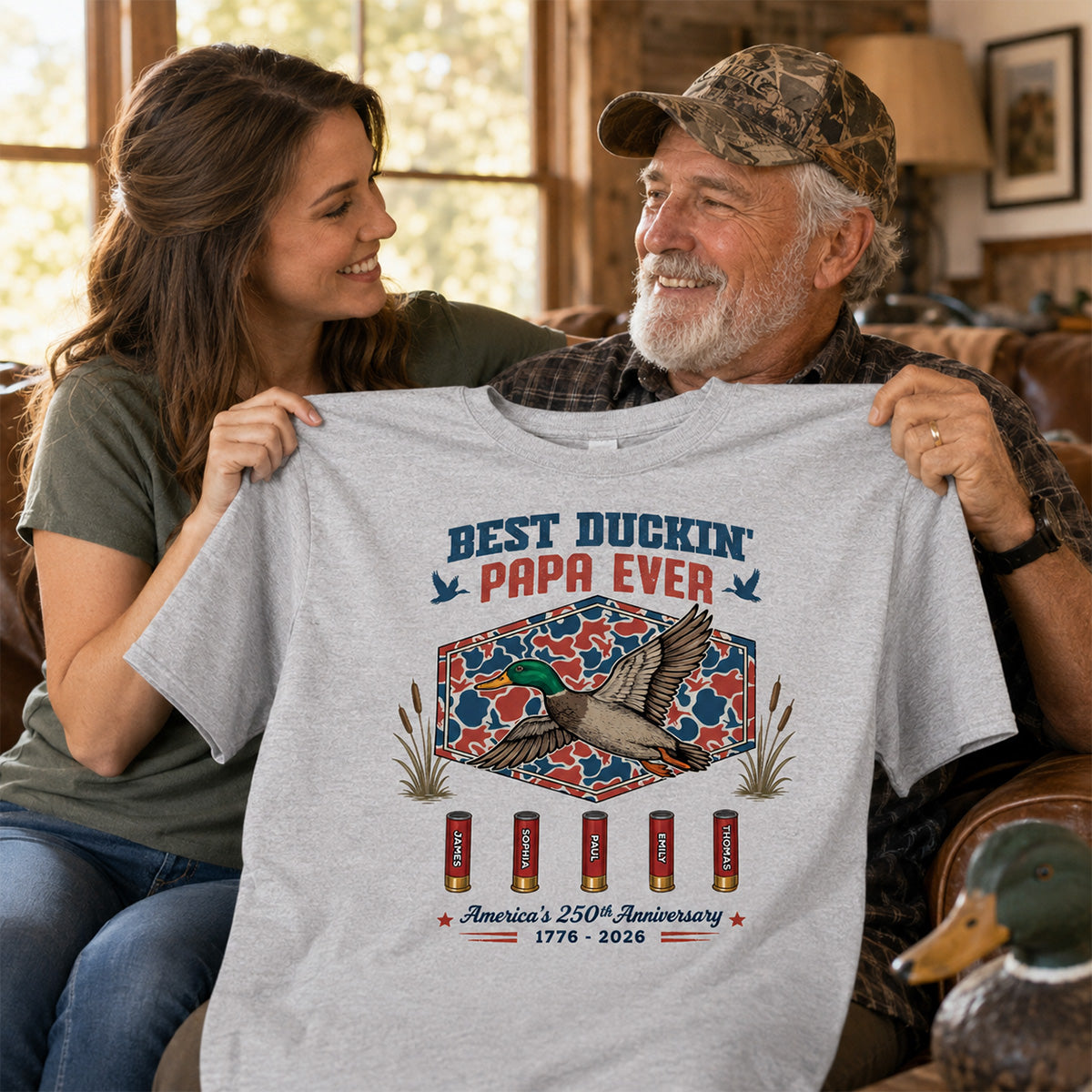 Best Duckin' Dad Grandpa Custom Kid Names - Personalized Shirt - American 250th Anniversary Gift For Patriotics Duck Hunting