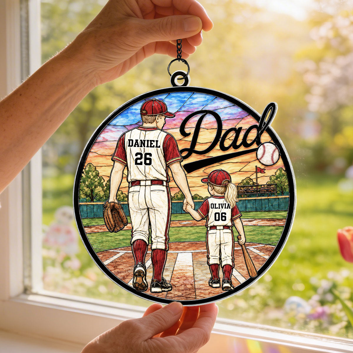 Baseball Dad & Kids 2D Flat - Personalized Suncatcher Ornament - Father's Day Gift For Baseball Dad
