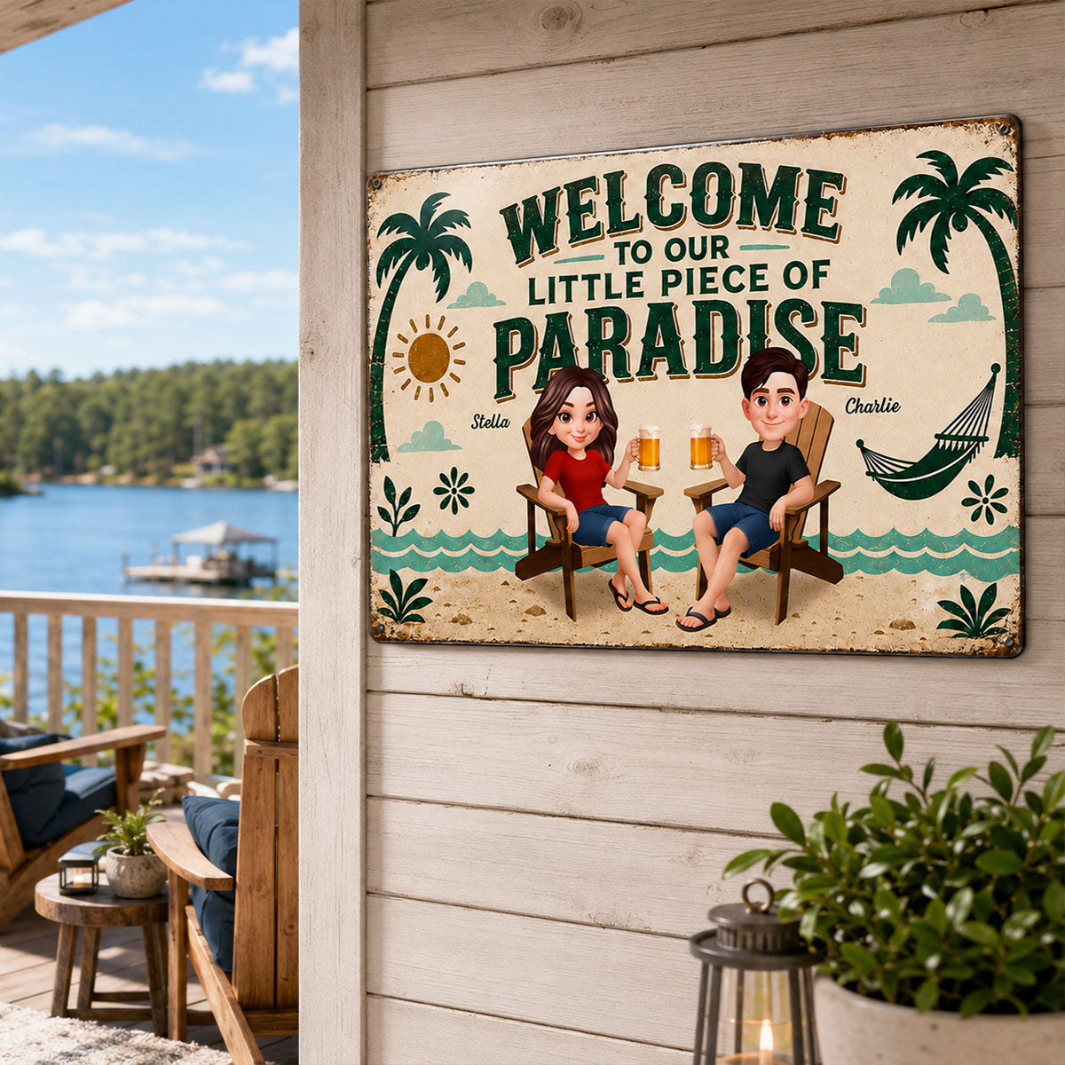 Couple Welcome To Our Little Piece Of Paradise - Personalized Metal Sign - Summer Pool Patio Decoration