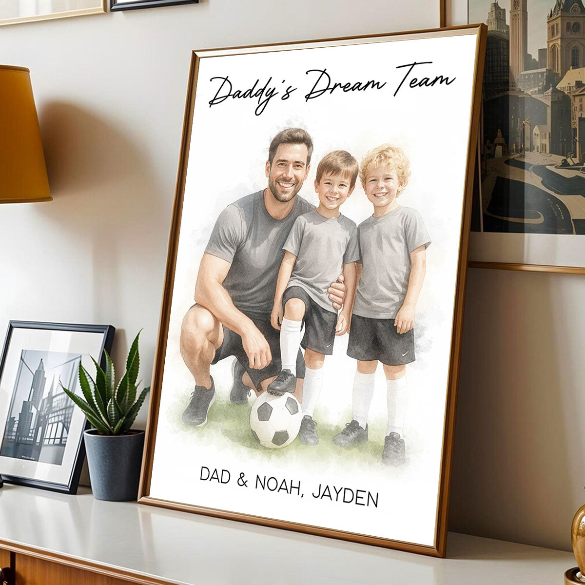 Watercolor Style Baseball Basketball Football Daddy's Dream Team - Personalized Poster - Father's Day Gift For Husband, Dad, Sport Dad