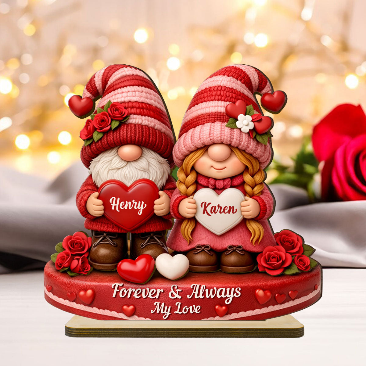 Romantic Gnome Couple - Personalized Standing Wooden Plaque - Gift for Couple