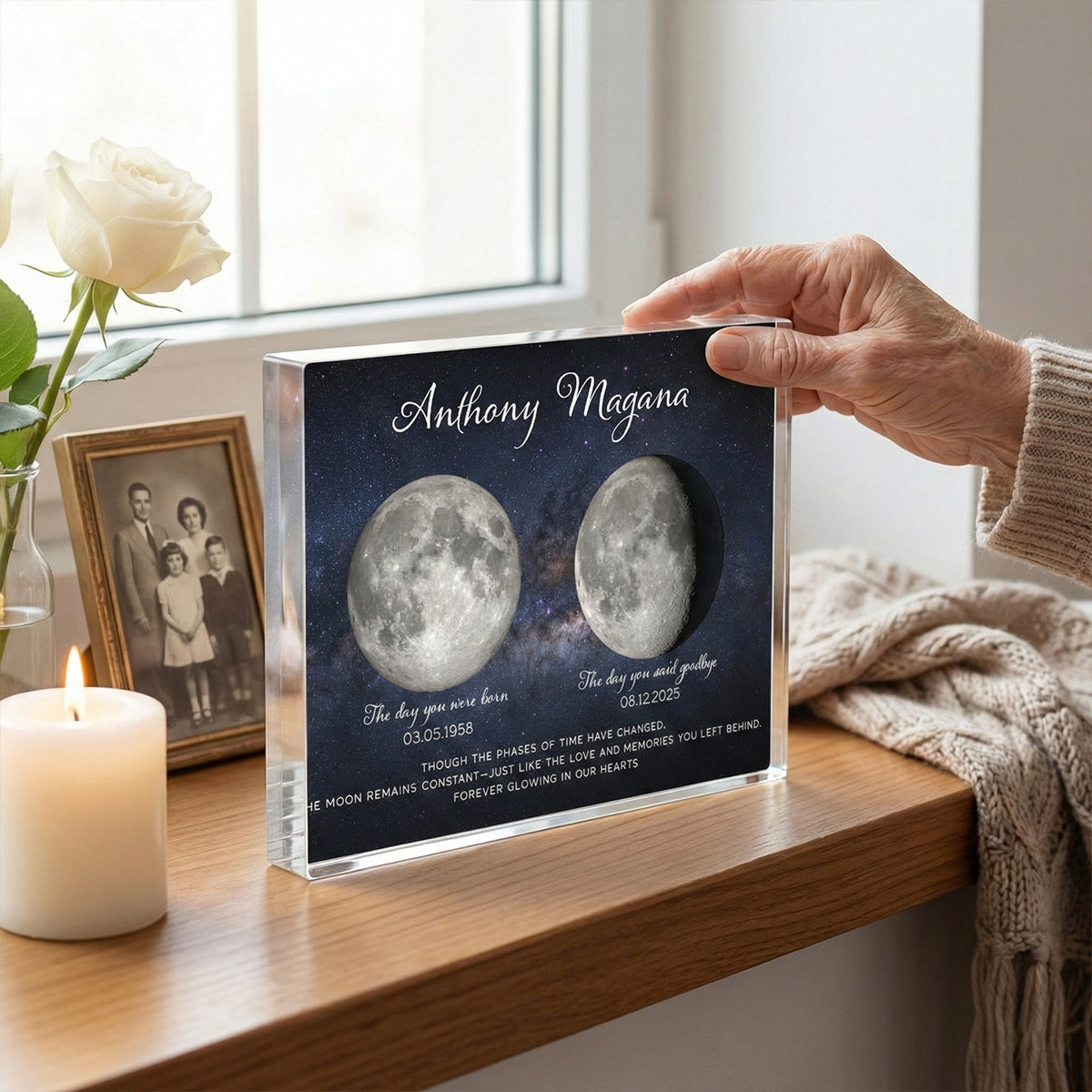 Lost Loved One Moon Phase Art - Personalized Acrylic Block Plaque - Memorial Sympathy Gift