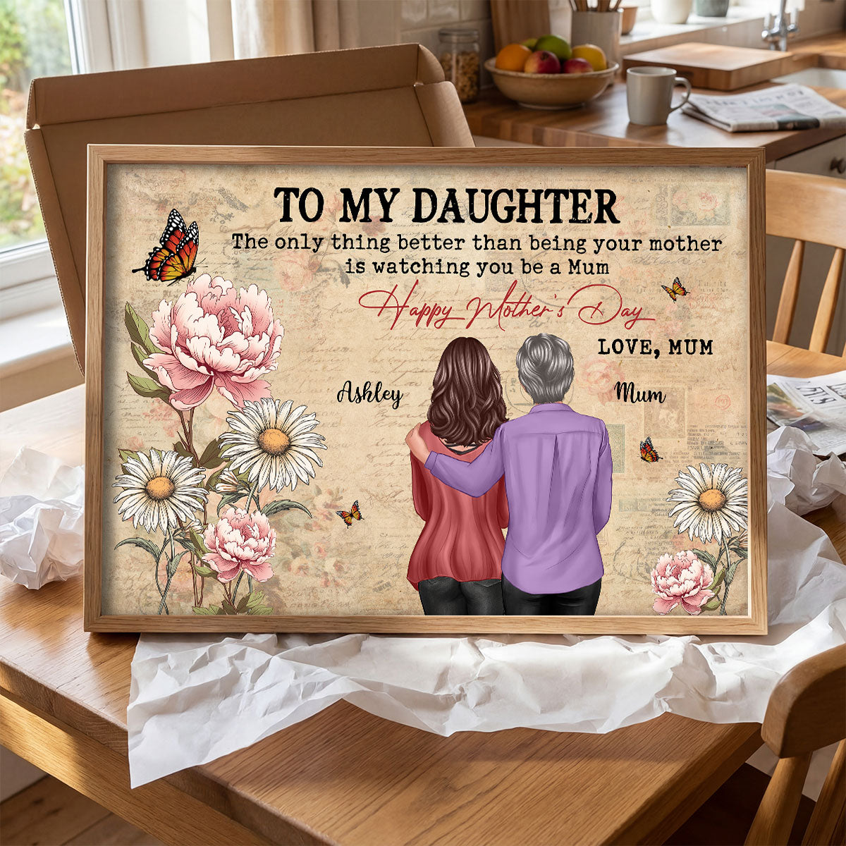 To My Daughter From Mum Vintage Floral Newspaper Birth Month Flower - Personalised Poster - UK Mother's Day