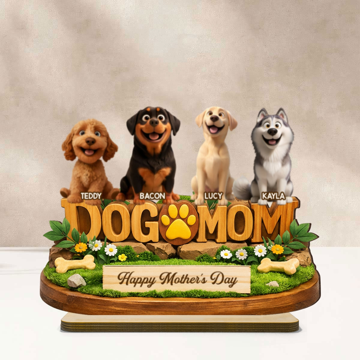 Happy Mother's Day Dog Mom - Personalized 2-Layered Wooden Plaque - Gift for Dog Lovers