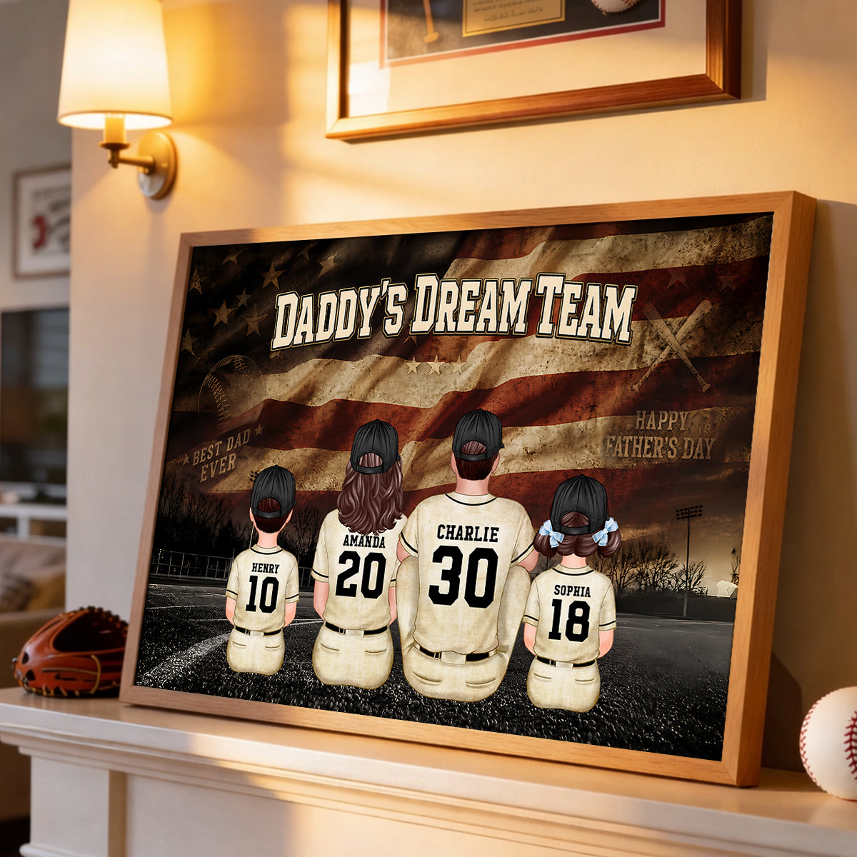 Daddy's Dream Team Baseball Nation Flag Family Sitting - Personalized Poster - Father's Day Gift for Dad, Husband