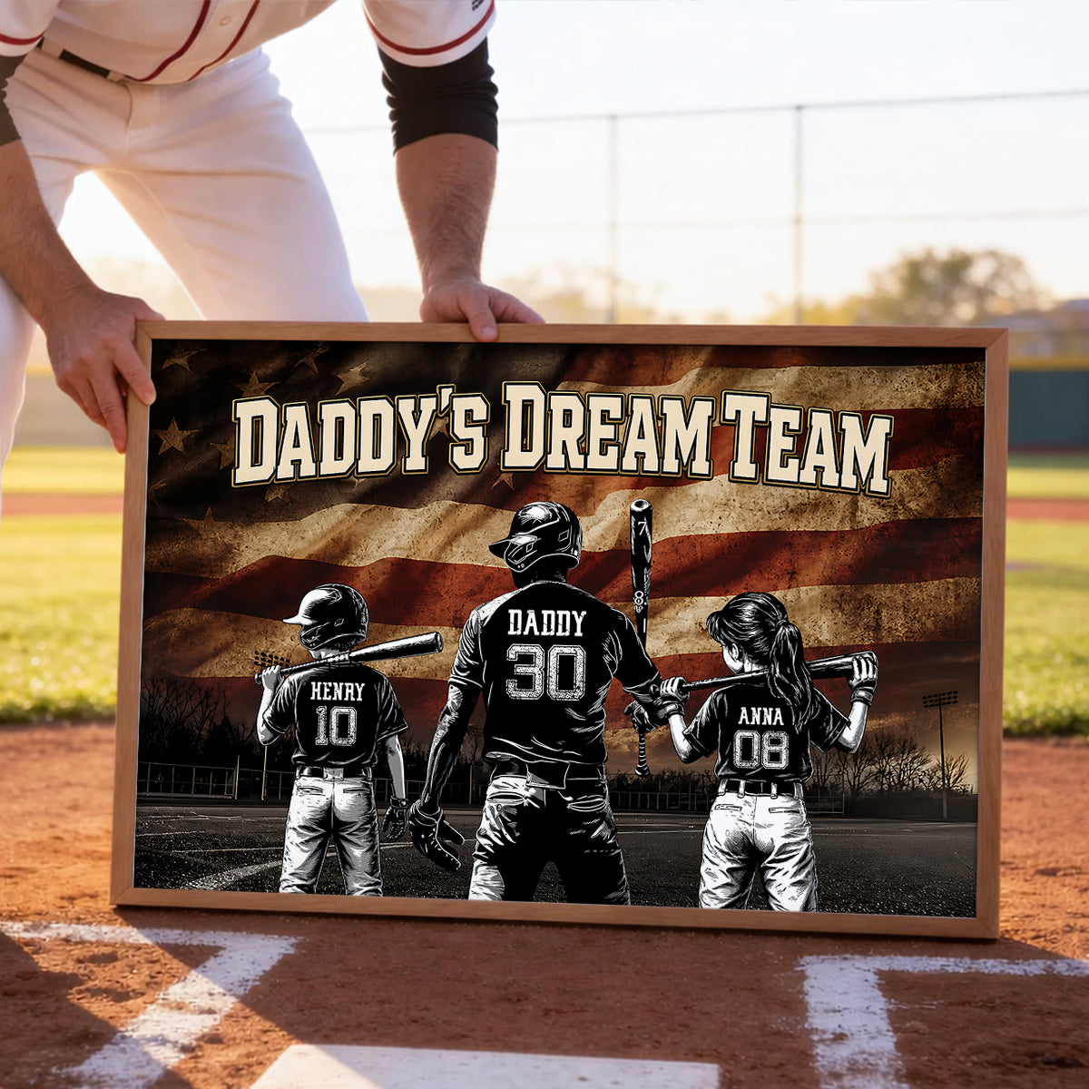 Daddy's Dream Team Baseball Nation Flag - Personalized Poster - Father's Day Gift for Dad, Husband