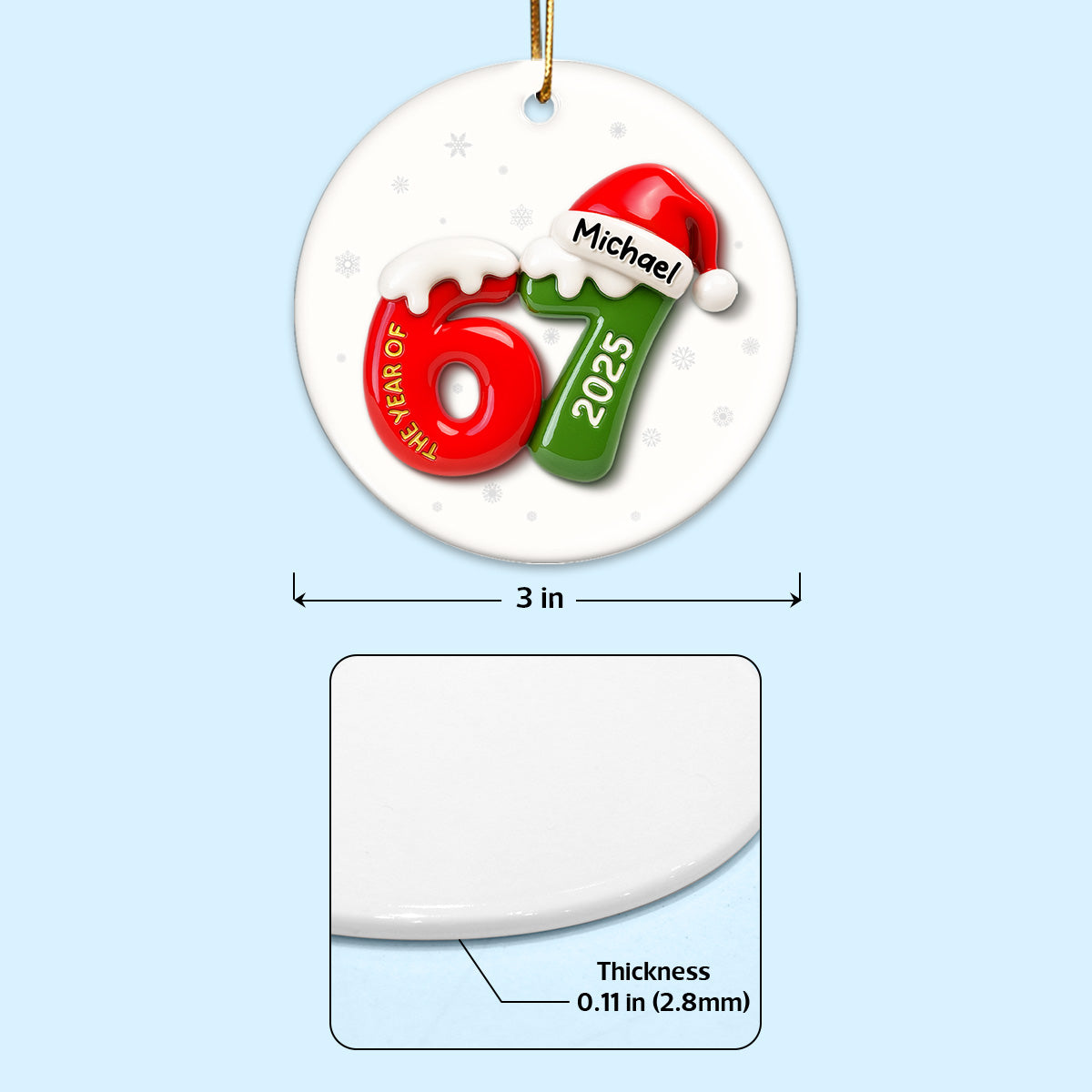 Custom Name 67 Six Seven 3D Effect - Personalized Ceramic Ornament - 2025 Slang, Funny Teen Grandkid, Gen Alpha Christmas Gift