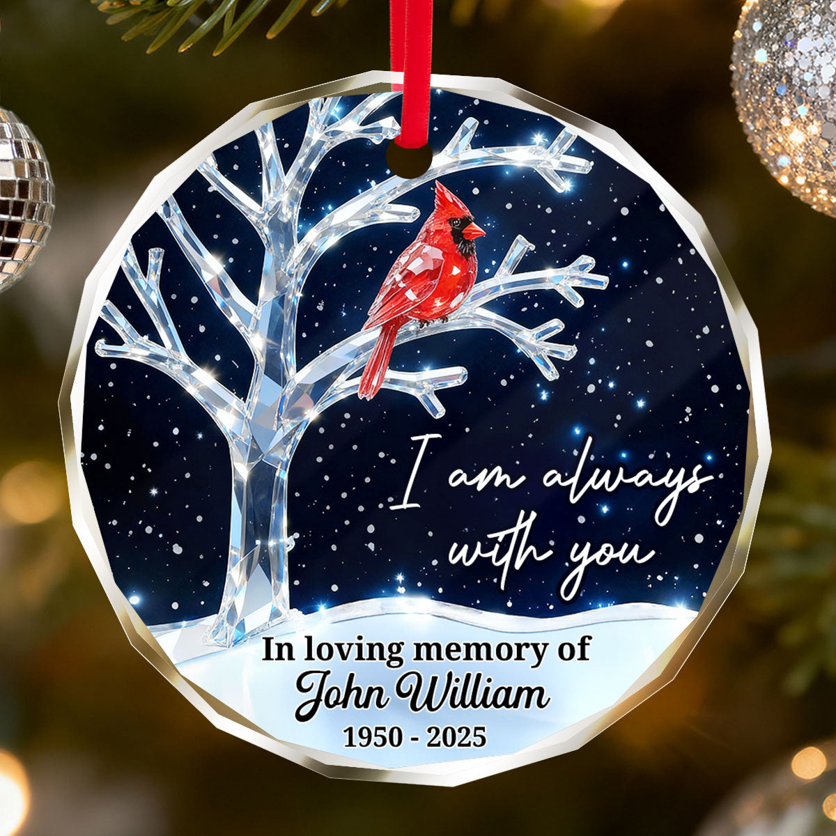 3D Crystal Effect Memorial Winter Tree Cardinals - Personalized Glass Ornament - Remembrance Gift, Sympathy Gift