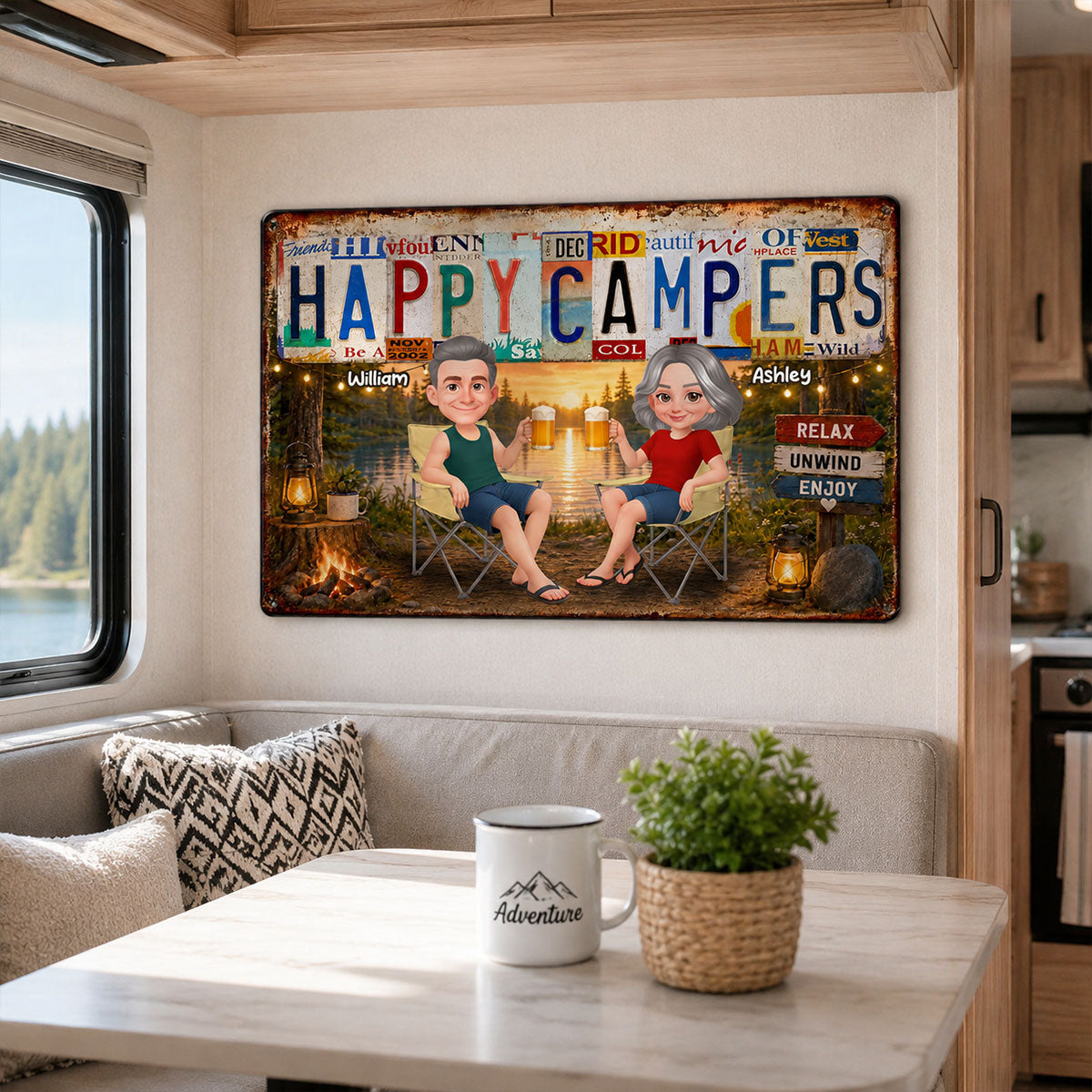 Happy Campers Camping Couple License Plate Style - Personalized Metal Sign - Gift For Campers