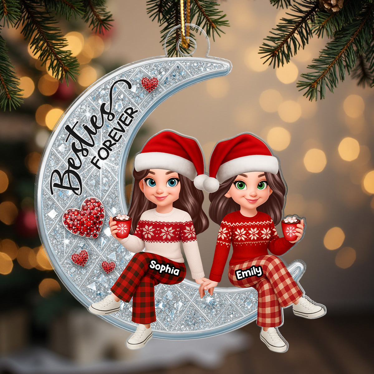 3D Shinning Effect Besties Forever On Moon - Personalized Acrylic Ornament