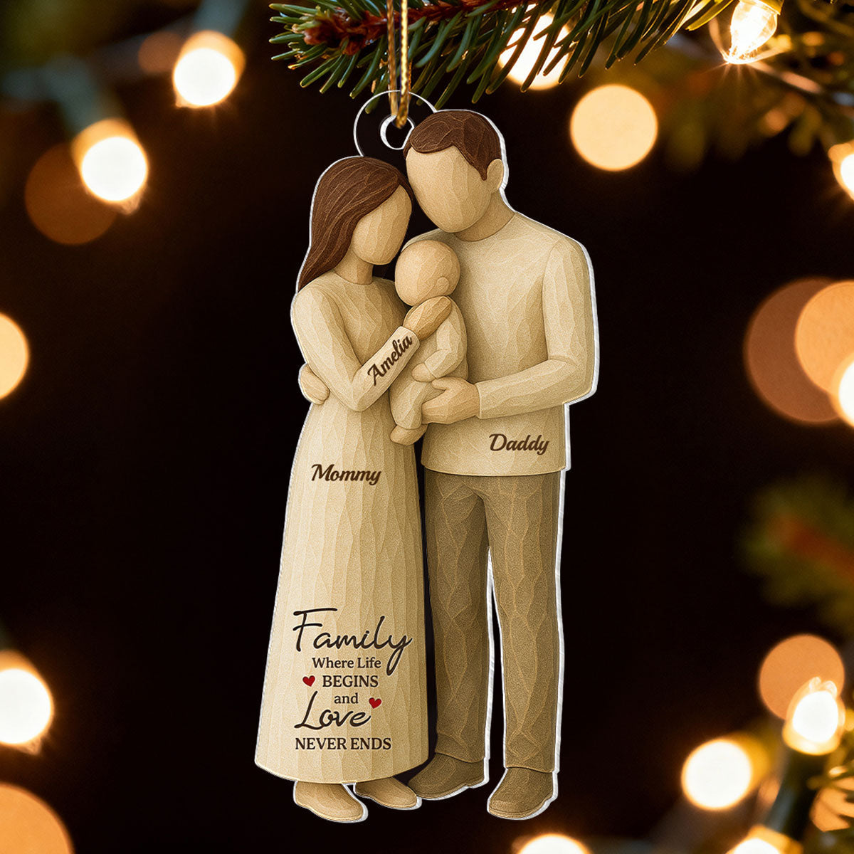 Family Love With Baby Wooden Figurines - Personalized Acrylic Ornament - Heartwarming Christmas Gift For Baby, For Couple, For Family