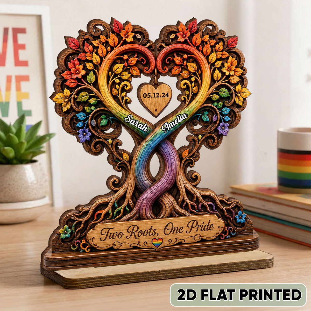 Two Roots One Pride LGBTQ+ Couple - Personalized 2-Layered Wooden Plaque - Heartfelt Anniversary Gift for Her, for Him