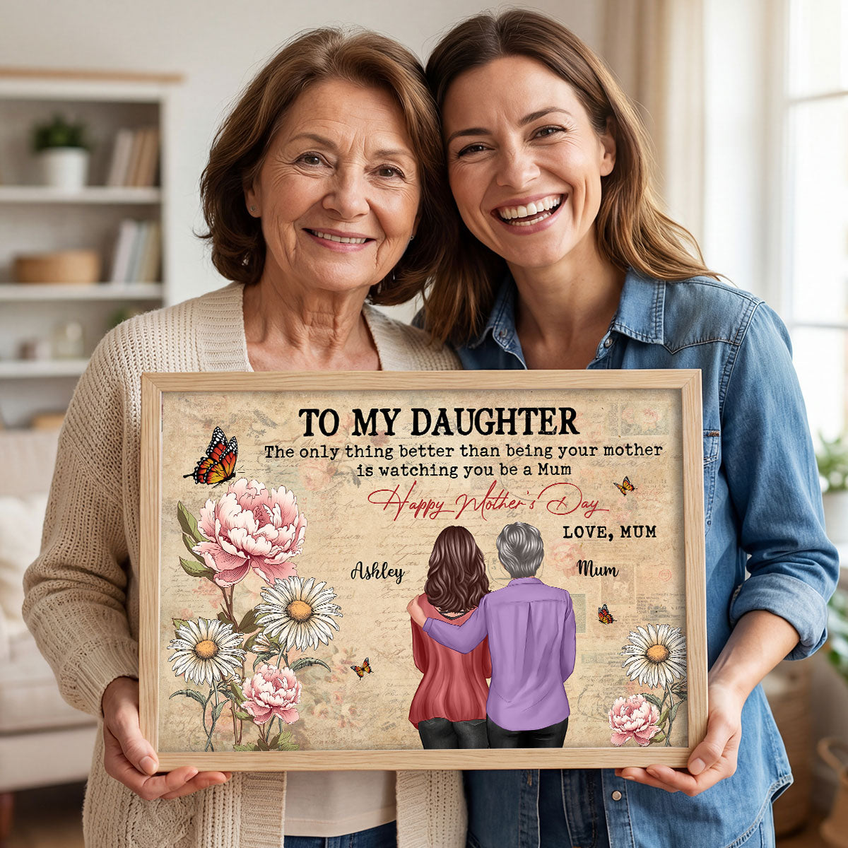 To My Daughter From Mum Vintage Floral Newspaper Birth Month Flower - Personalised Poster - UK Mother's Day