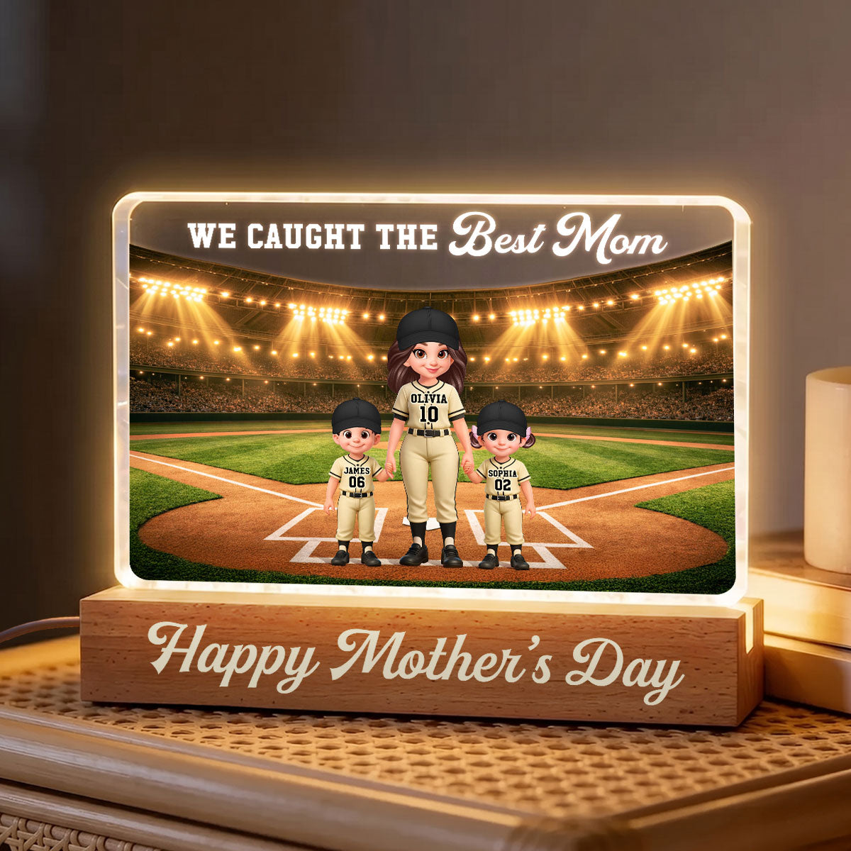 We Caught The Best Baseball Mom - Personalized Acrylic Block LED Night Light - Mother's Day Gift For Baseball Mom, Wife