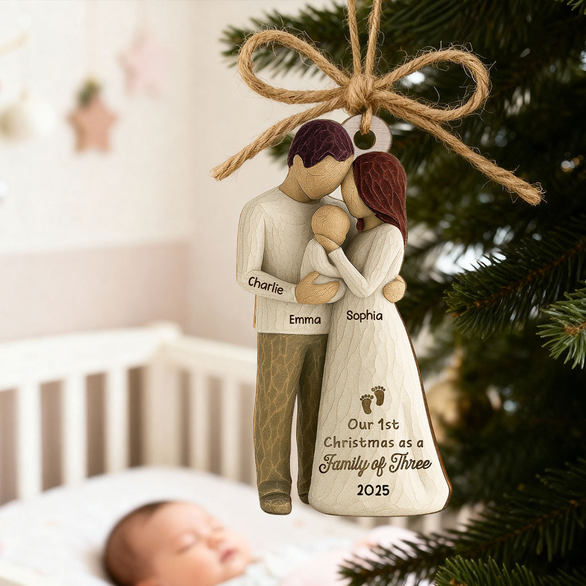 3D Effect First Christmas As Family Of Three Mom Dad & Baby - Personalized Car Hanger