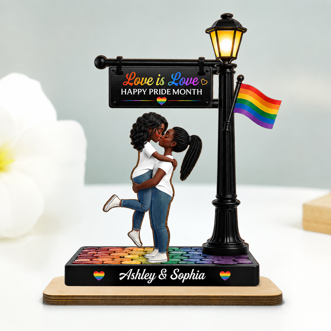 LGBT Couple Under Lamp Post - Personalized 2-Layered Wooden Plaque - Gift For Couple, Happy Pride Month