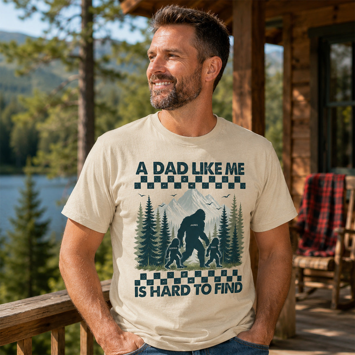 Retro Funny Bigfoot Dad With Kids Names - Personalized Shirt - Father's Day Gift for Dad