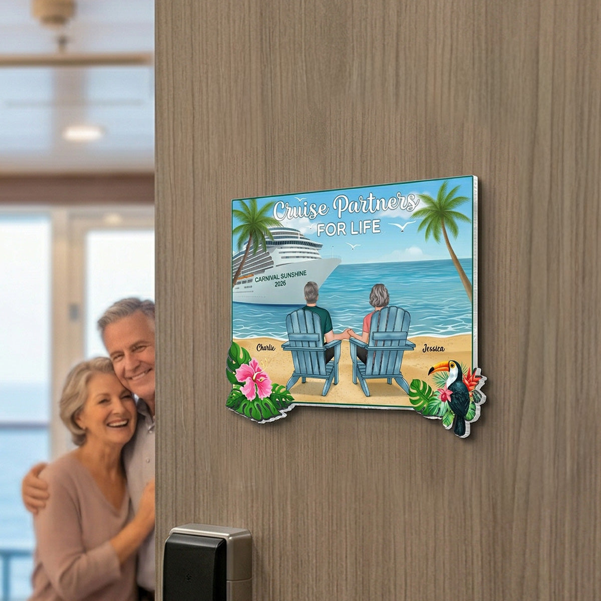 We're In Cruise Mode Back View Couple Sitting On The Beach - Personalized Cruise Ship Door Magnet