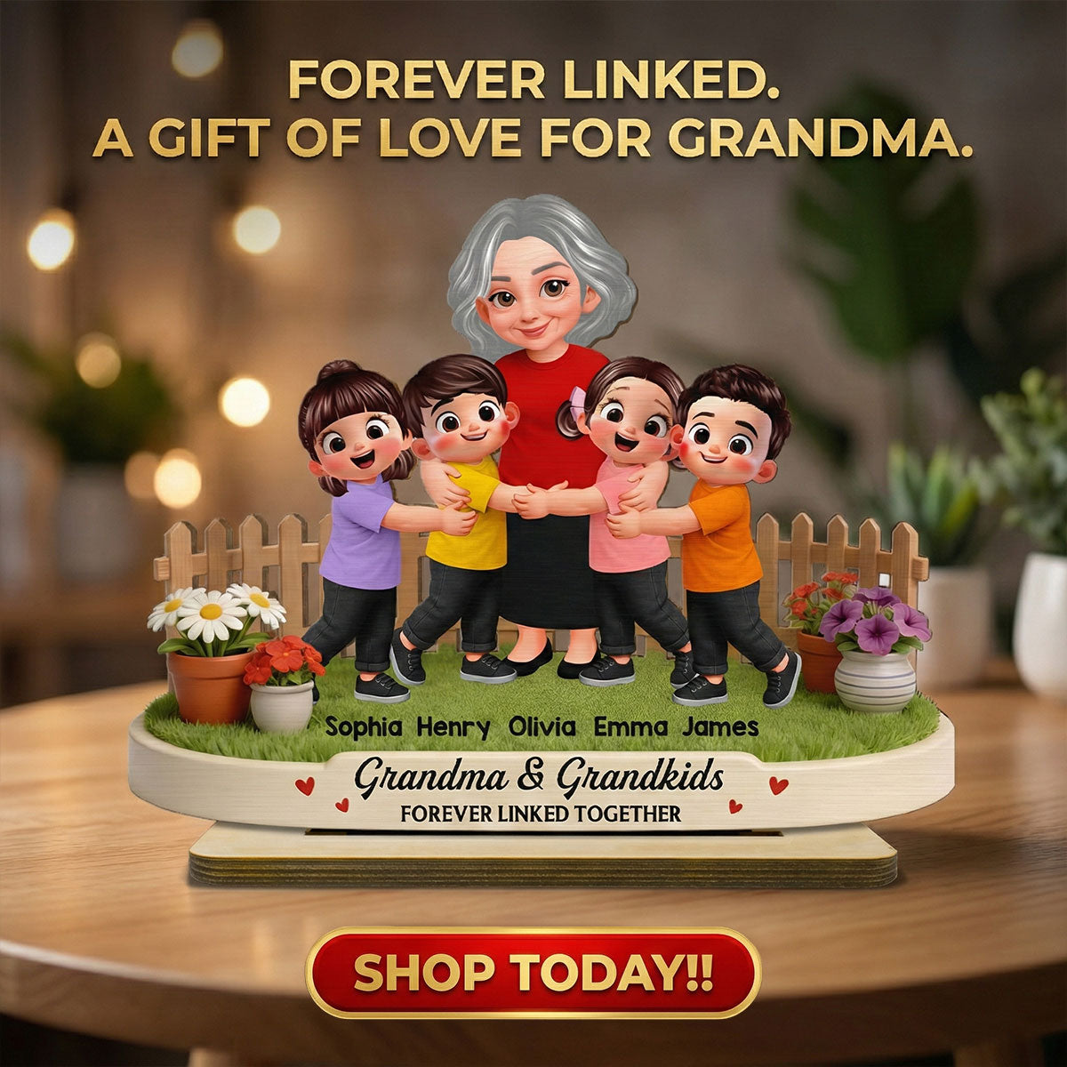 Grandma And Grandkids Happy Together In Backyard - Personalized 2-Layered Wooden Plaque - Gift For Grandma