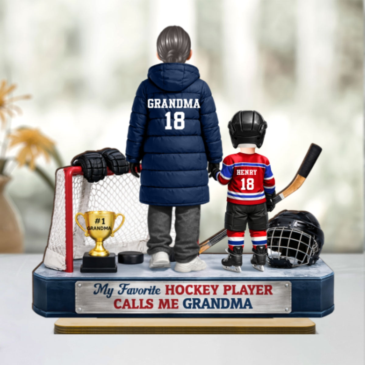 Grandma Hockey And Grandkids - Personalized 2-Layered Wooden Plaque - Heartfelt Gift For Grandma