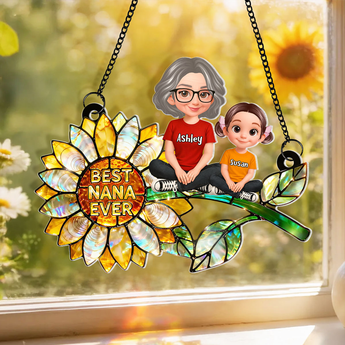 Sunflower Grandma and Grandkids Sitting - Personalized Window Hanging Suncatcher - Mother's Day Gift for Mom, Wife