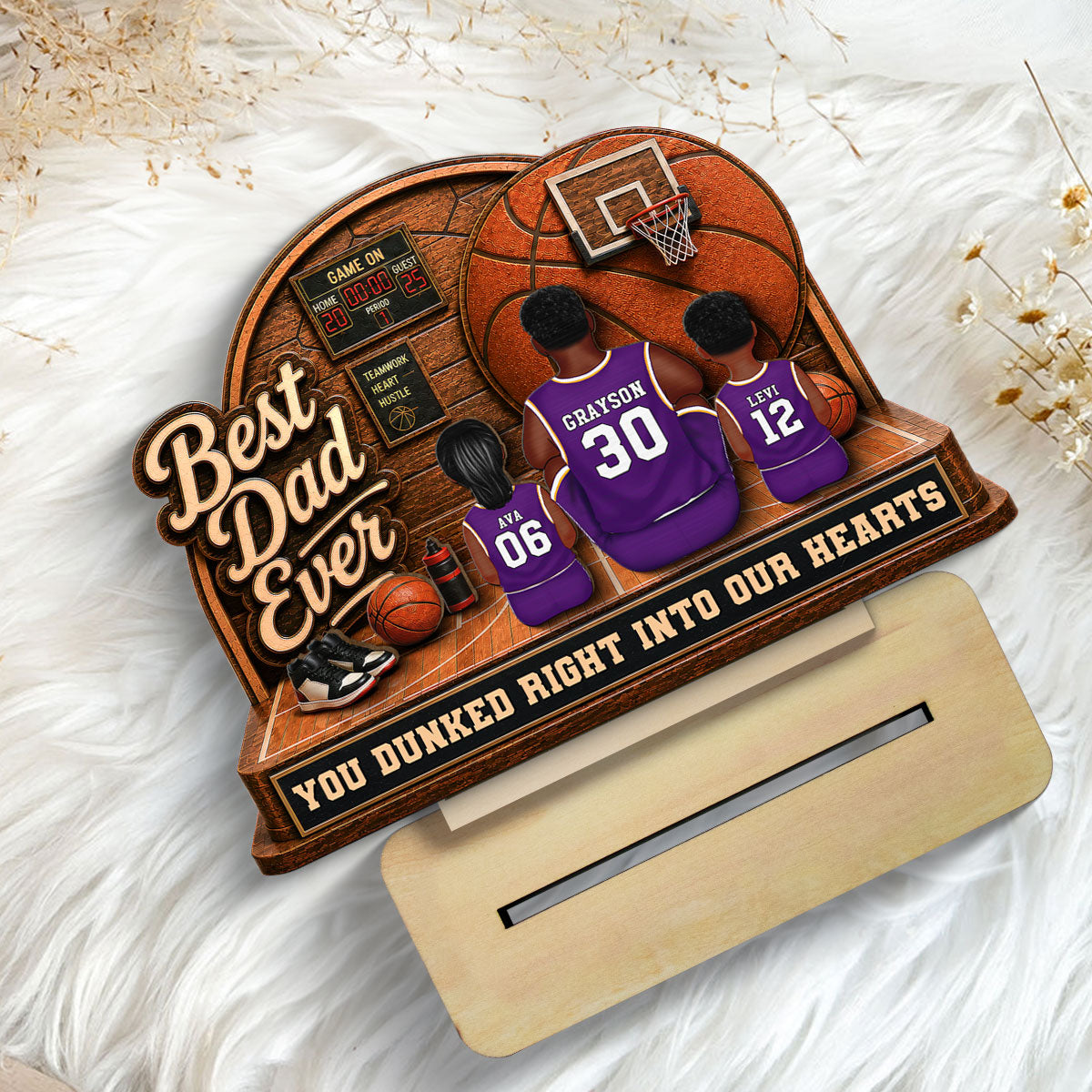 MVP Dad Back View Basketball Man & Kids 2D Flat - Personalized 2-Layered Wooden Plaque -  Gift For Basketball Dad