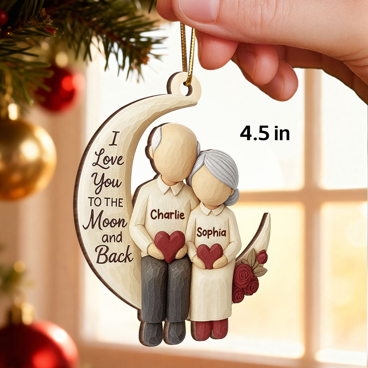 Old Couple Sitting on Moon - Personalized Wooden Ornament - Christmas Gift for him, Gift for her