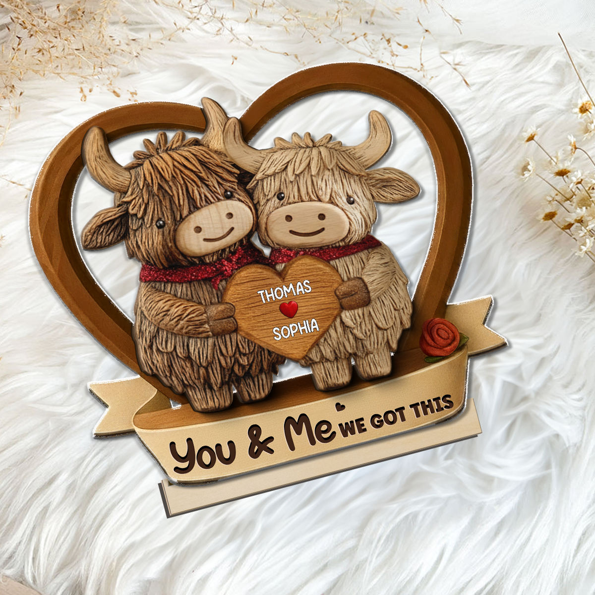 3D Effect Highland Cows Couple Heart - Personalized 2-Layered Wooden Plaque - Perfect Valentine's Day Gift For Him, Gift For Her