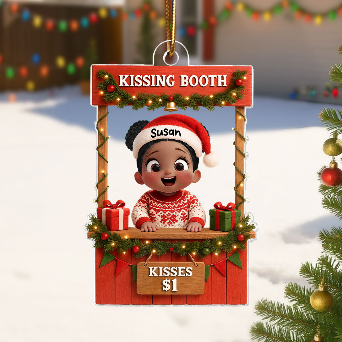 Cute Kid in Kissing Booth - Personalized Acrylic Ornament - Unique Christmas Gift for Kids, Grandkids
