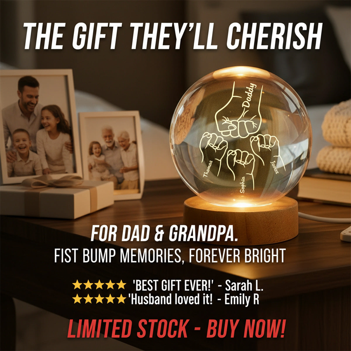 Dad Grandpa Fist Bump Custom Kids Names - Personalized Crystal Ball LED Night Light - Gift For Dad, Grandpa