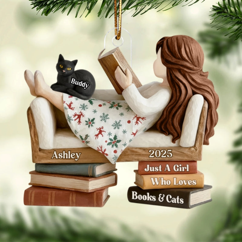 Just a Girl Who Loves Books & Cats - Personalized Acrylic Ornament - Christmas Gift for Cat Moms, Bookworms
