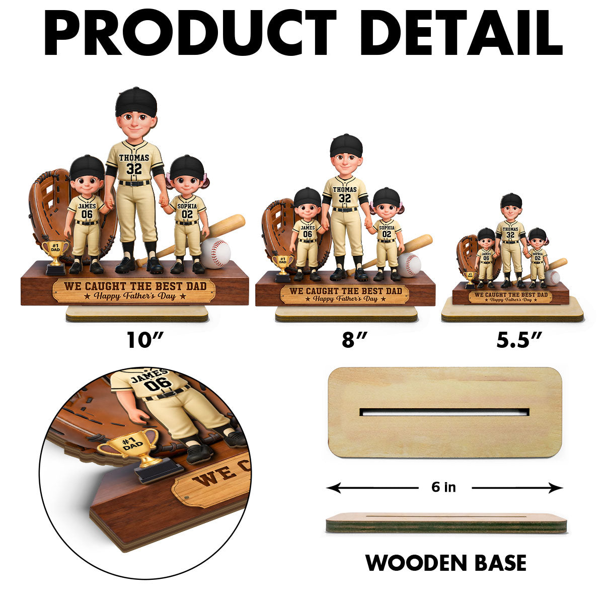 Baseball No.1 Dad We Caught The Best Dad - Personalized 2-Layered Wooden Plaque -  Gift For Dad