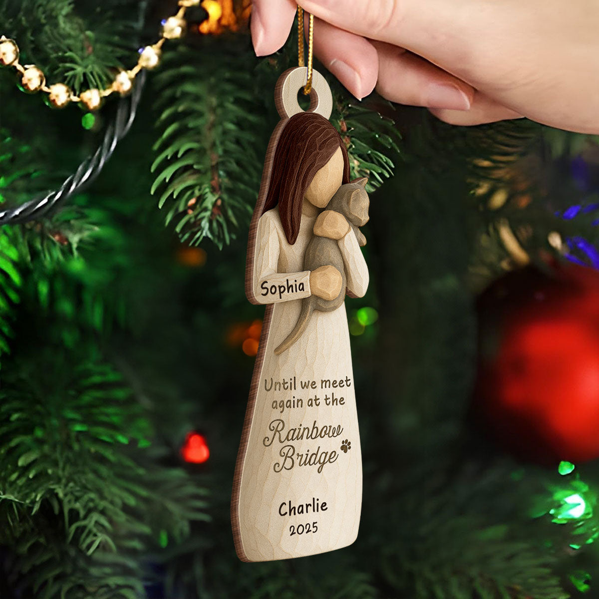 Until We Meet At Rainbow Bridge Woman & Cat 3D Effect - Personalized Wooden Ornament - Memorial Keepsake