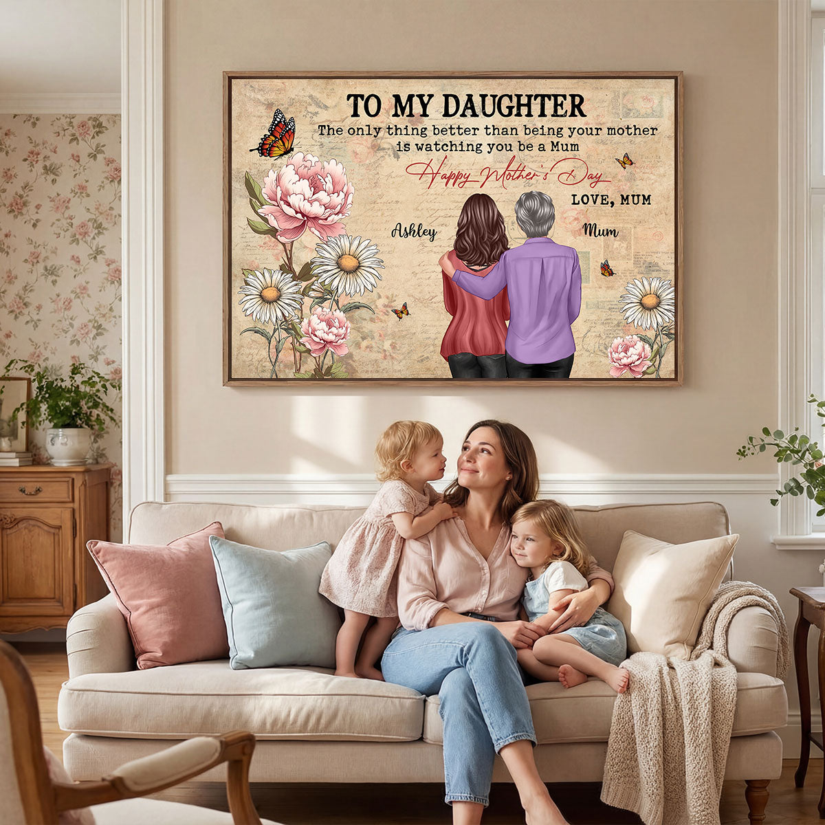 To My Daughter From Mum Vintage Floral Newspaper Birth Month Flower - Personalised Poster - UK Mother's Day
