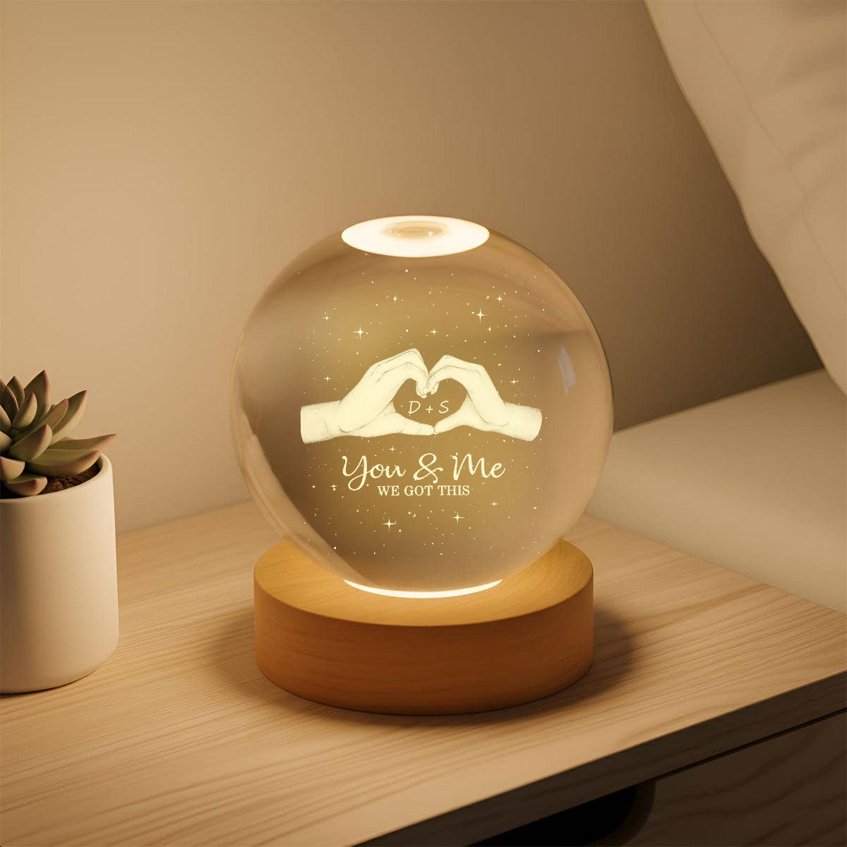 Hearts Hands Couple Initials - Personalized Crystal Ball LED Night Light - Valentine's Day Gift For Couple