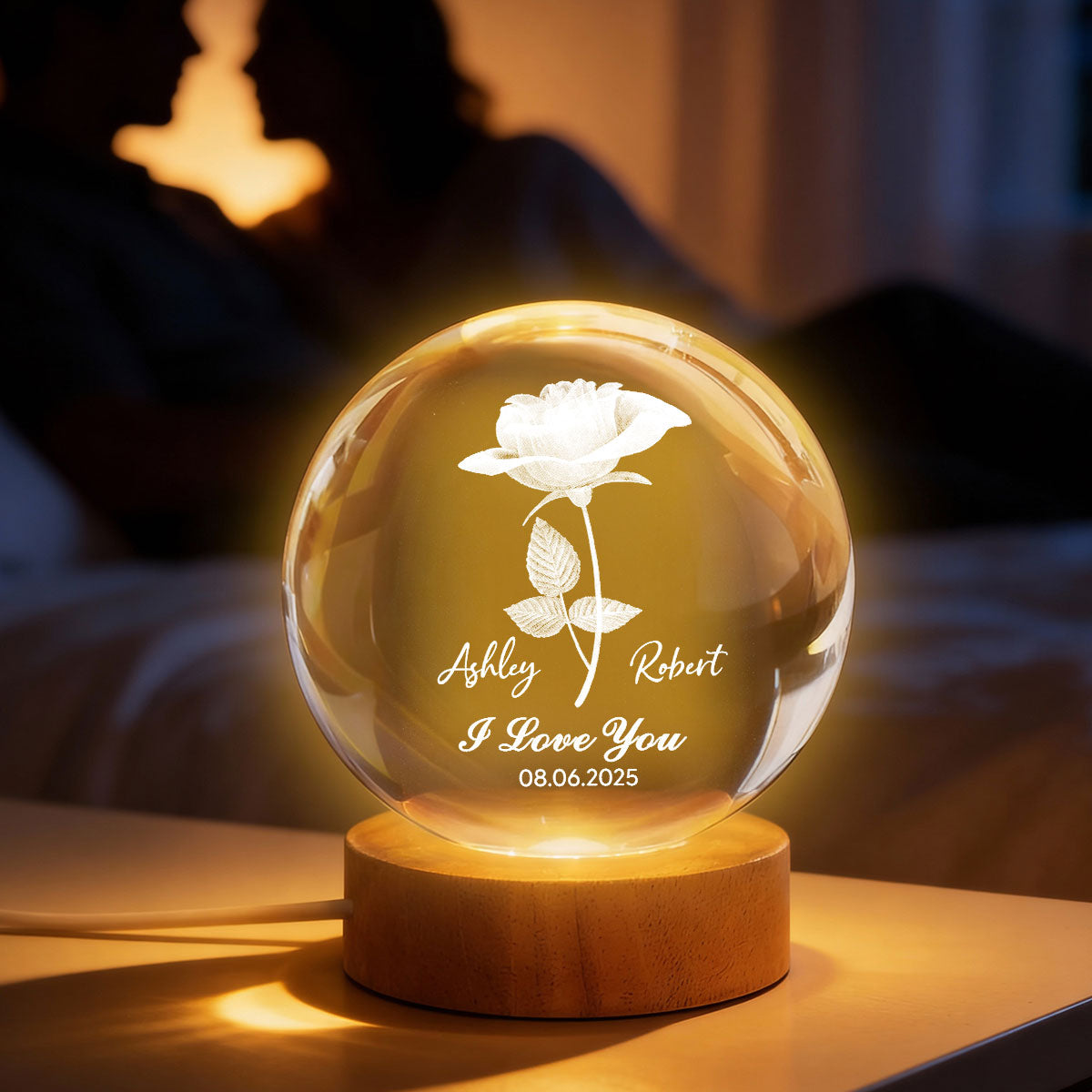Eternal Love Rose I Love You - Personalized Crystal Ball LED Night Light - Valentine's Day Gift For Couple, For Her, For Him