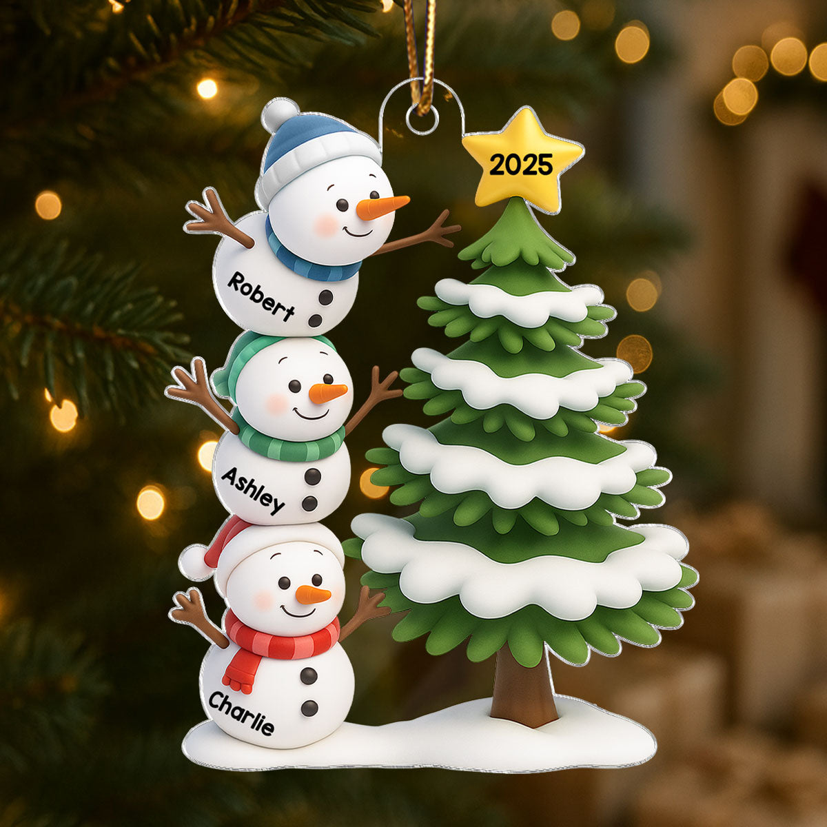 Snowman Family Stack 3D Effect Christmas Tree - Personalized Acrylic Ornament