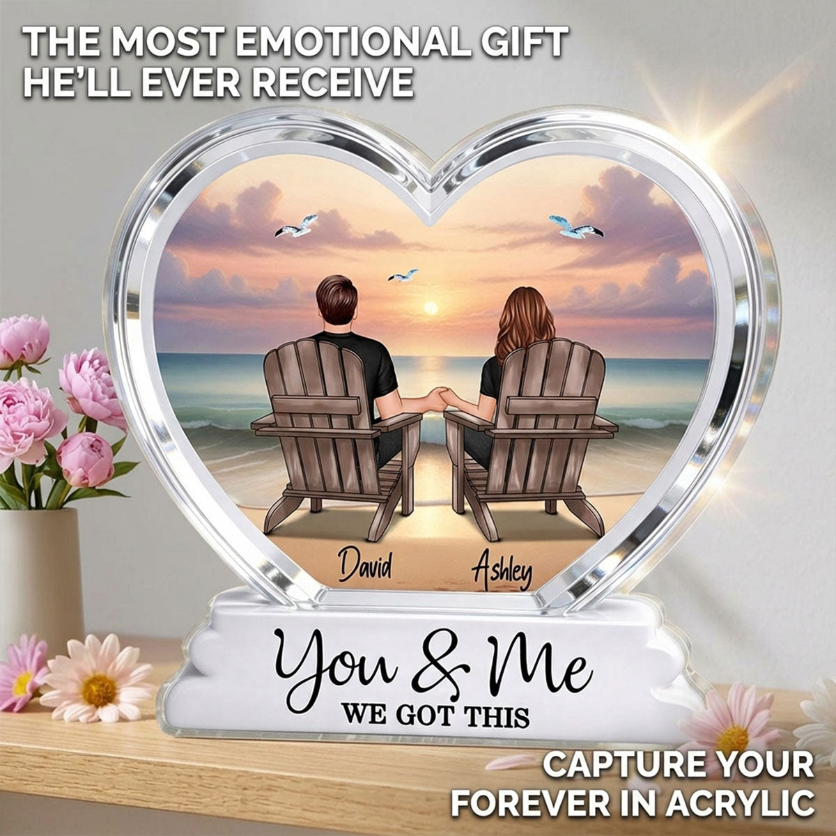 Couple Sitting Back View Beach Landscape 2D Flat - Personalized Acrylic Block Plaque - Anniversary, Birthday Gift For Him, Gift For Her