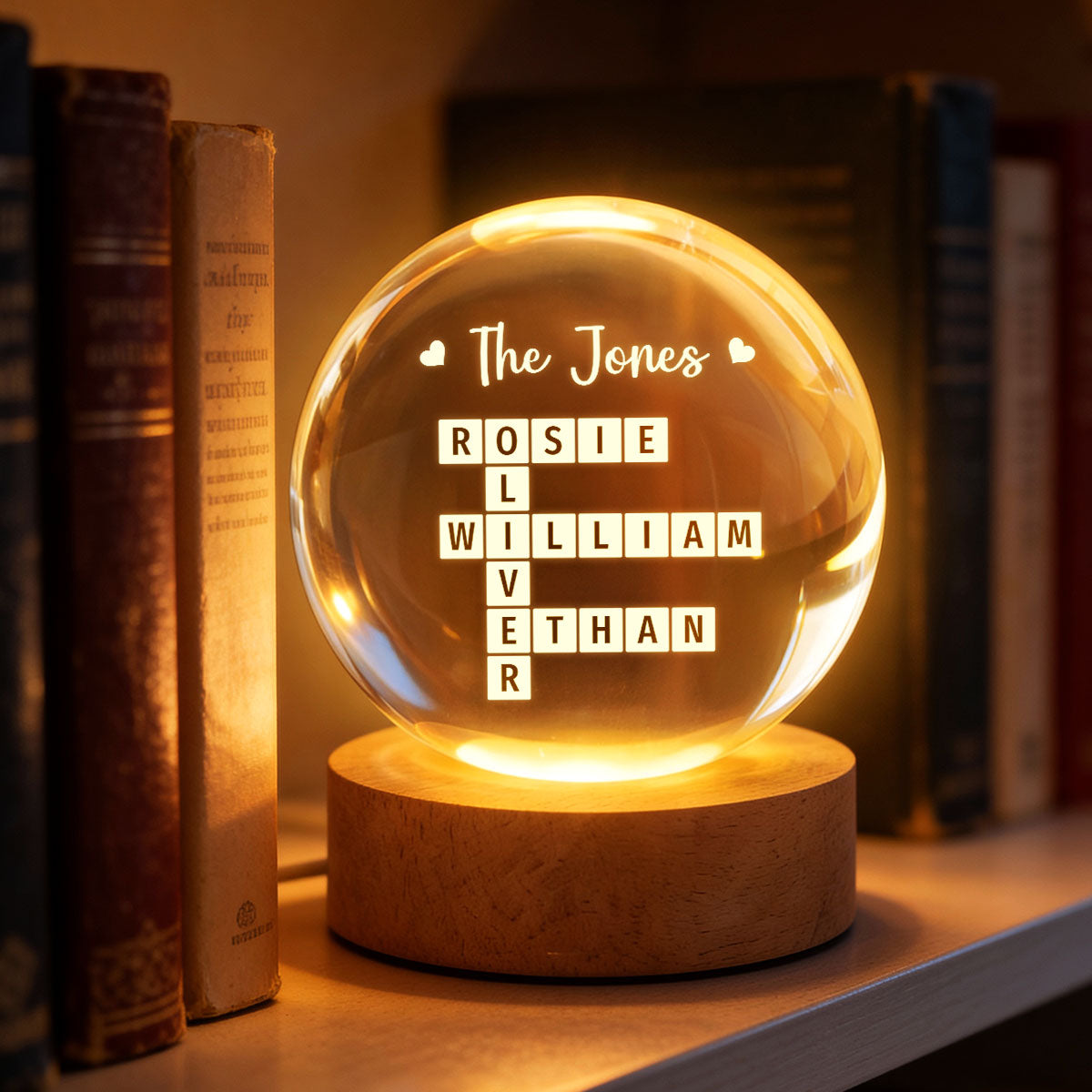Family Crossword Puzzle Art - Personalized Crystal Ball LED Night Light - Heartfelt Gift For Grandma, Gift For Mom