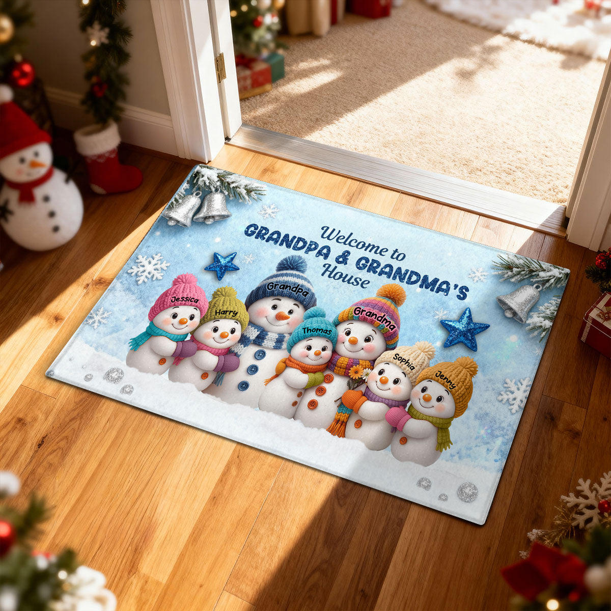 3D Effect Snowy Christmas Snowman Welcome To Grandma Grandpa House - Personalized Doormat