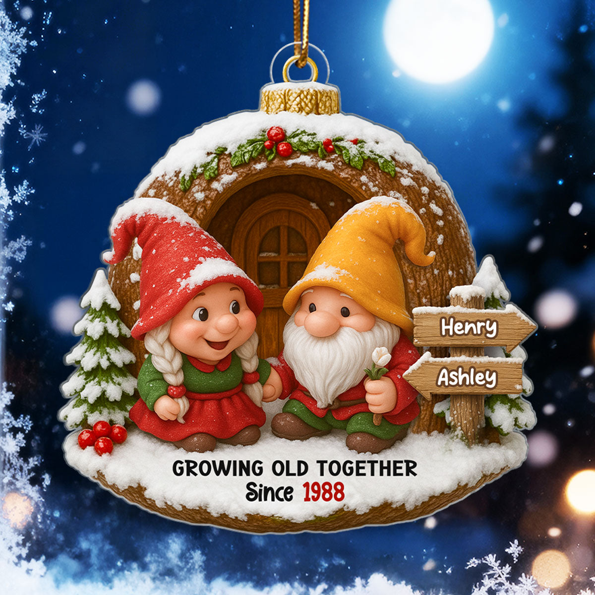 Christmas Gnome Couple Custom Name Sign Post - Personalized Acrylic Ornament - Christmas Gift for Old Couple