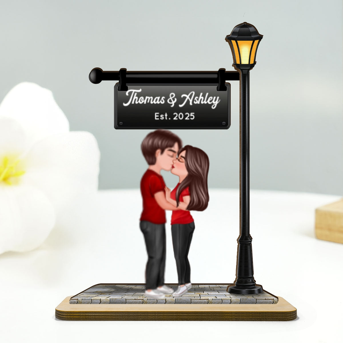 Eternal Love Couple Kissing Under Street Lamp Post - Personalized 2-Layer Wooden Plaque - Gift For Couple, Gift For Him, For Her