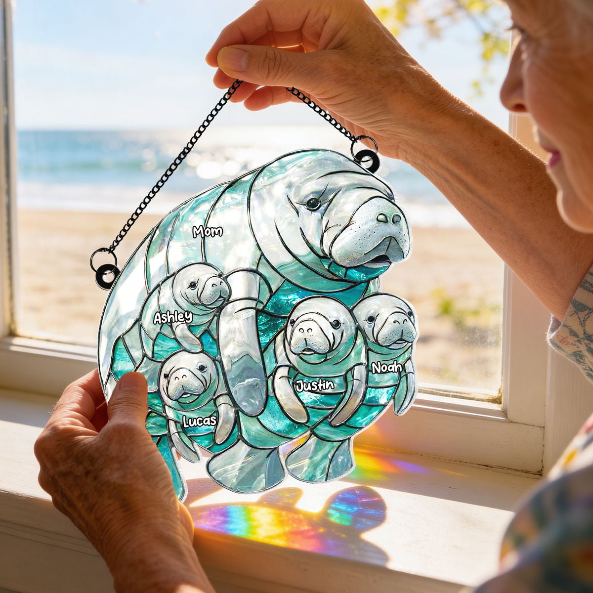 Manatee Mom and Kids - Personalized Acrylic Suncatcher - Heartfelt Mother's Day Gift for Mom, Wife