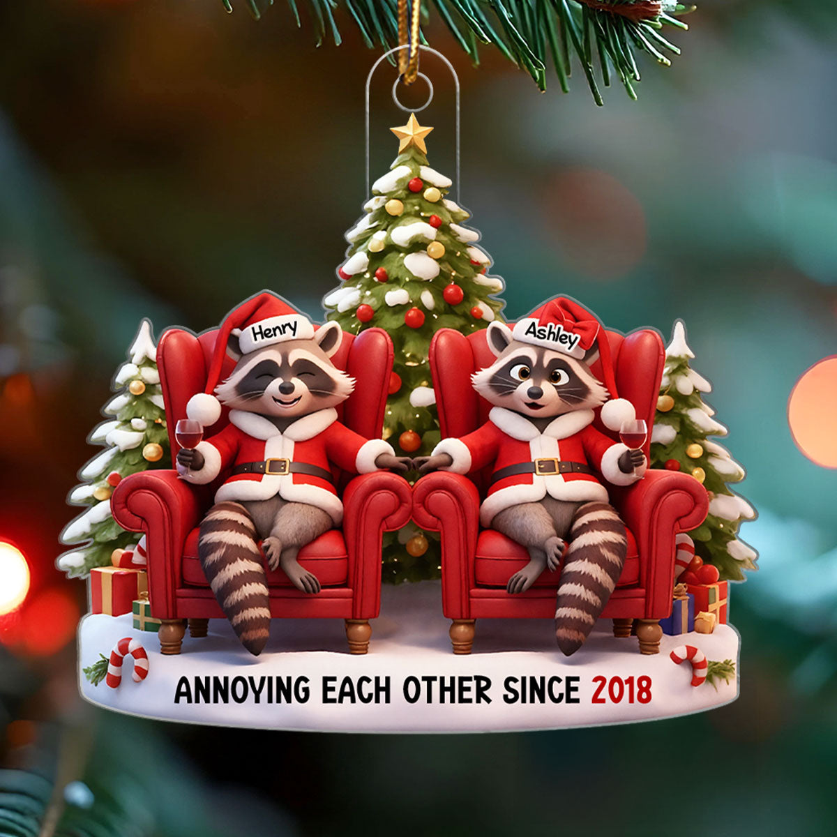 Funny Raccoon Couple Annoying Each Other - Personalized Acrylic Ornament - Christmas Gift for him, Gift for her