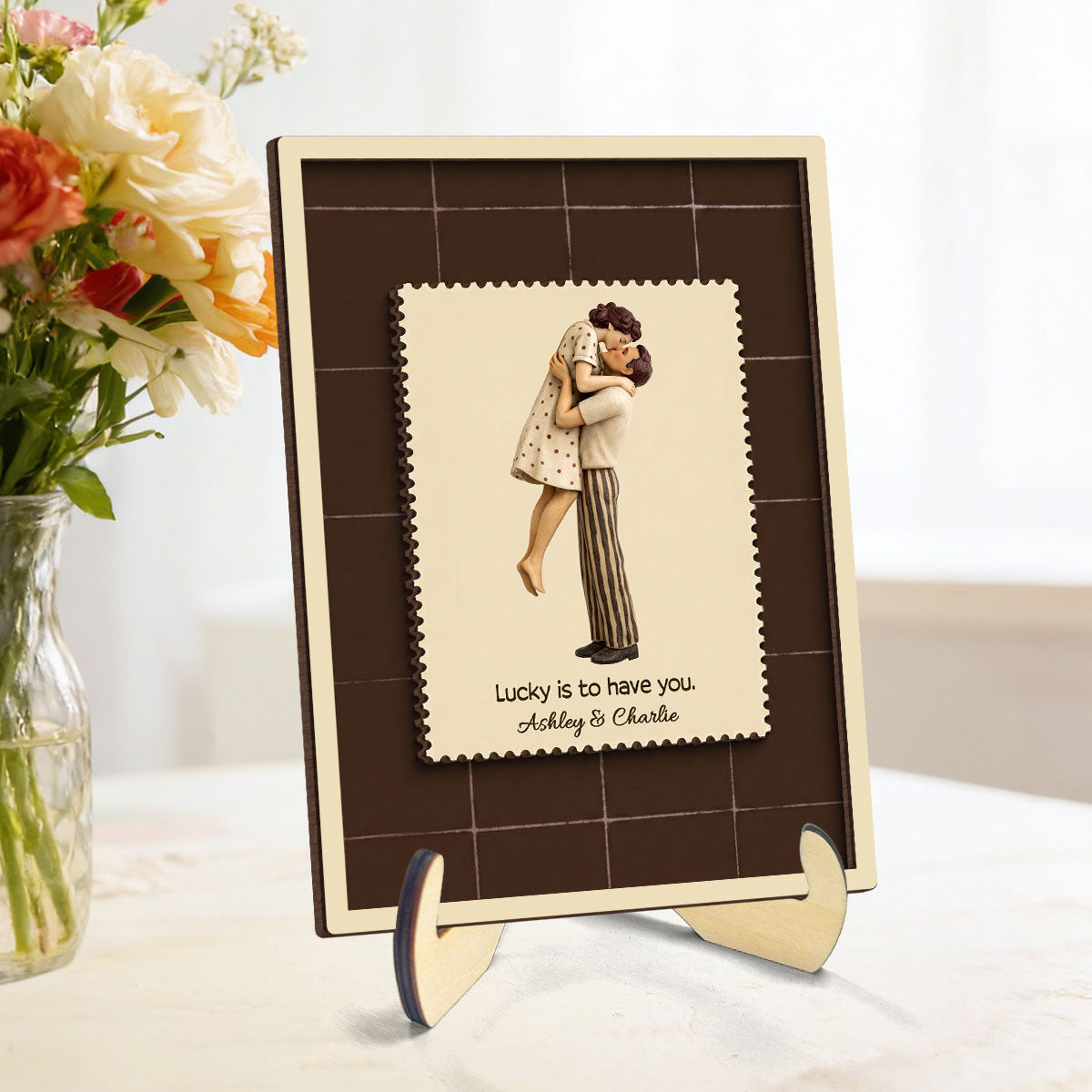 Lucky Is To Have You Mid-Century Couple - Personalized 2-Layered Wooden Plaque - Anniversary, Valentine's Day Gift, Gift For Him, Gift For Her