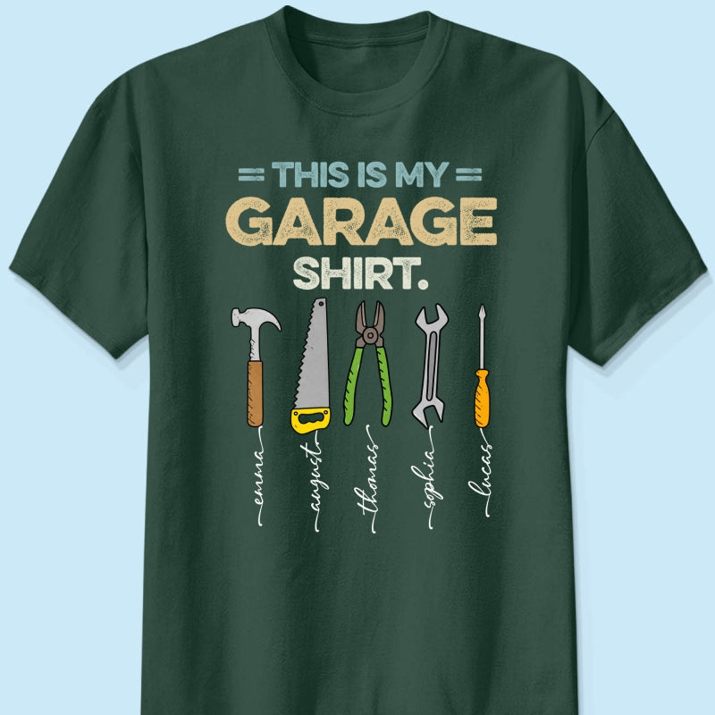 This Is My Garage Shirt Custom Kid Name - Personalized Shirt - Father's Day Gift For Mechanic Dad, Grandpa